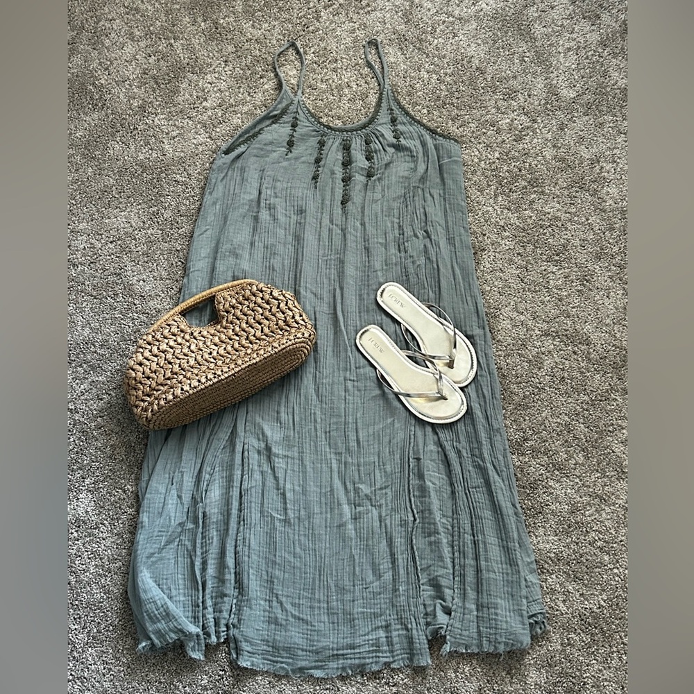 NATURAL LIFE Slate Blue Gauze Maxi Dress with Olive Green Embroidered  Neckline